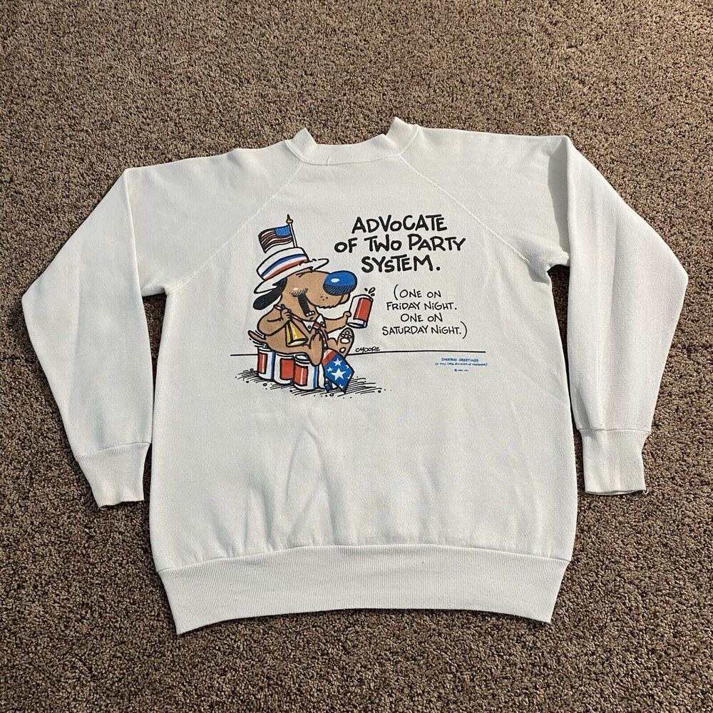 VTG‎ 80s Mens Advocate Of Two Party System Sweatshirt Crewneck White Size L USA